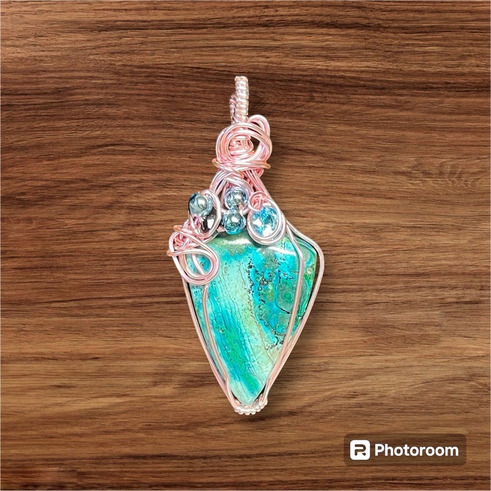 chrysocolla malachite 32 CT wire wrapped stone with beads/artisan pendant